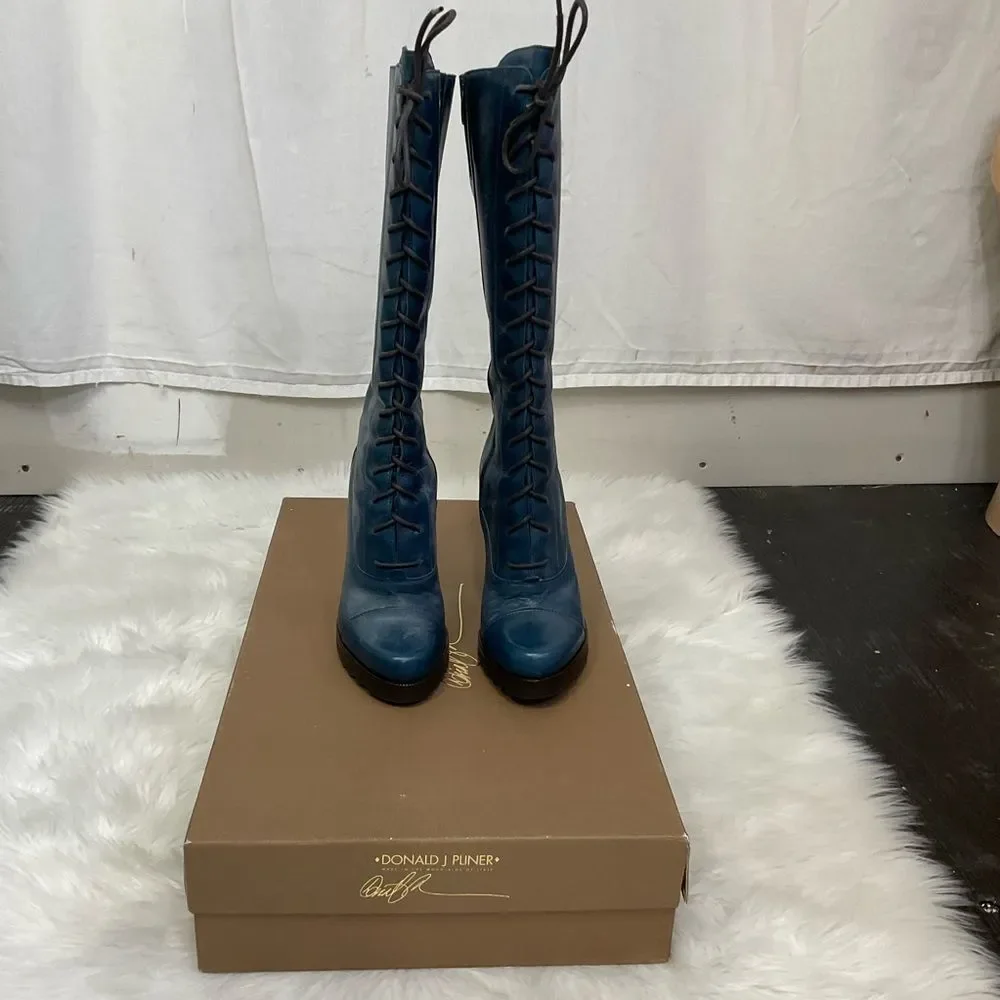 NEW Donald J Pliner Women's Blue Denim Oilskin Calf Lace Up Heel Boots Size 7